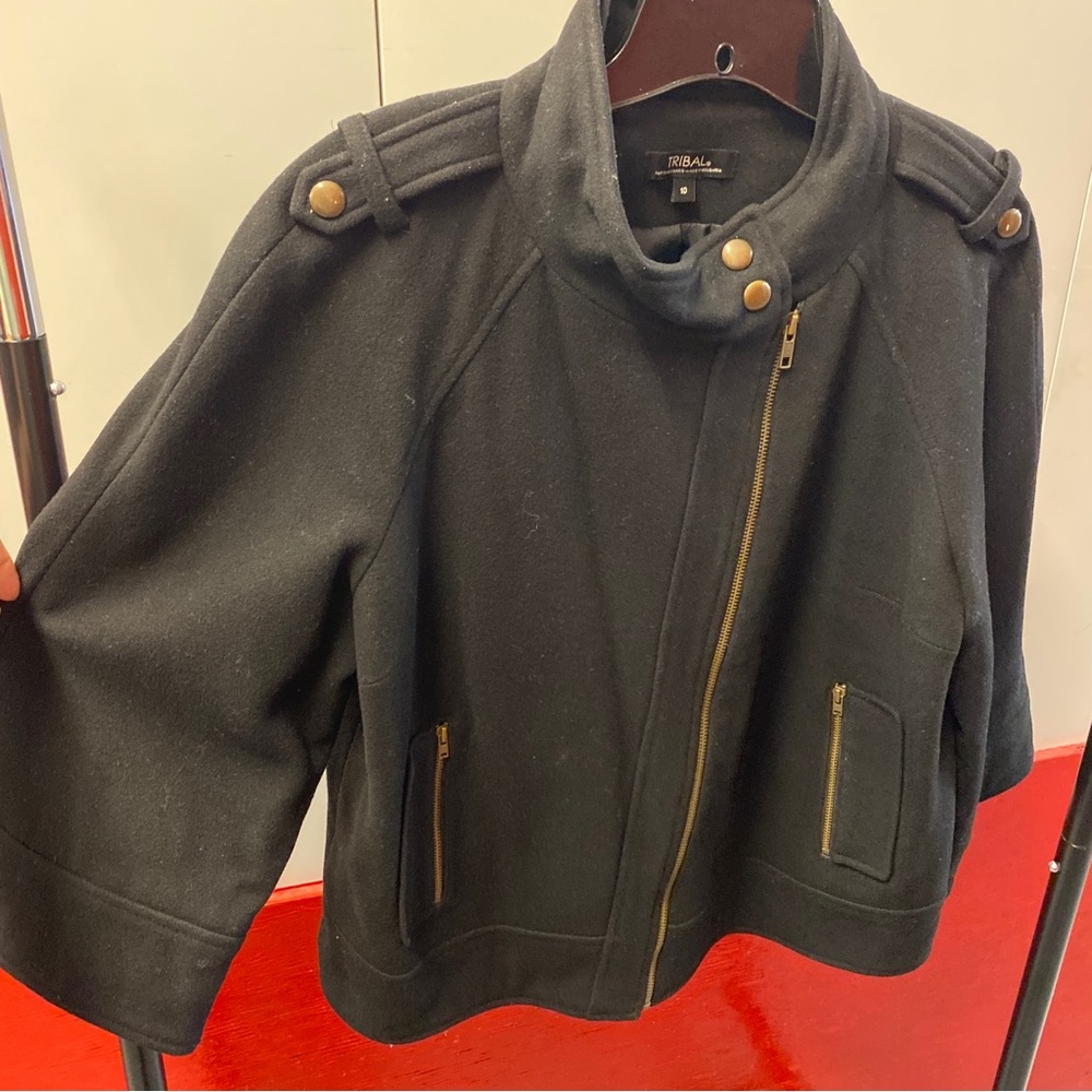Tribal Black Wool-Blend Military Zip Jacket | Size 10